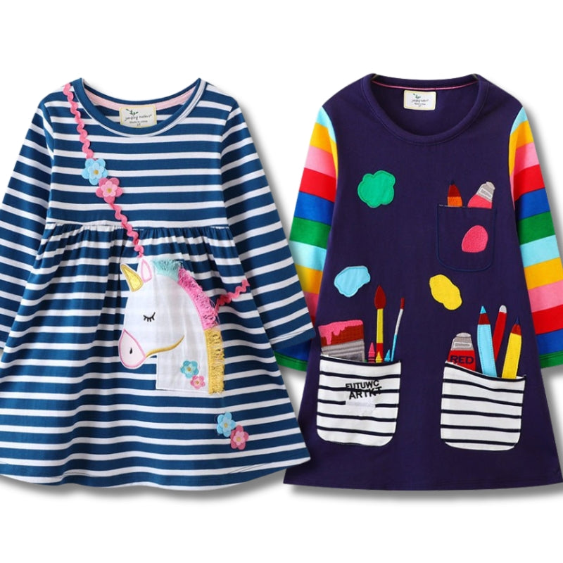 Toddler Girls Unicorn Cotton Dress - Short & Long Sleeve Casual Dresses For Ages 3-8