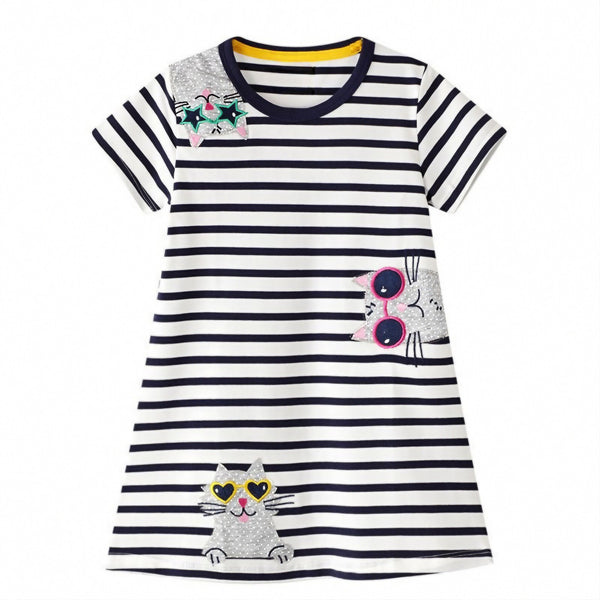 Toddler/Kid Girl's Short Sleeve Cat Design Black And White Striped Dress