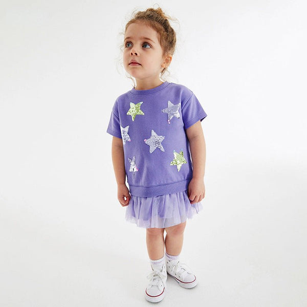Toddler/Kid Girl's Short Sleeve Star Design Purple Dress