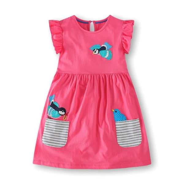 Pink Bird Pattern Dress for Toddler/Kid Girls