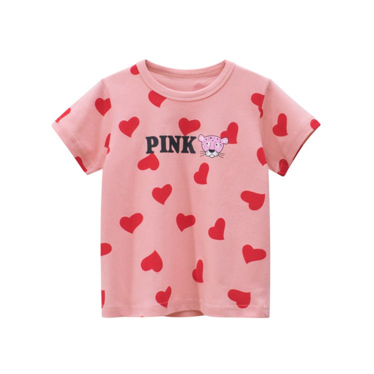 Toddler Girl\'s Pink Heart Print Short Sleeve T-shirt – Kidsyard Greenland