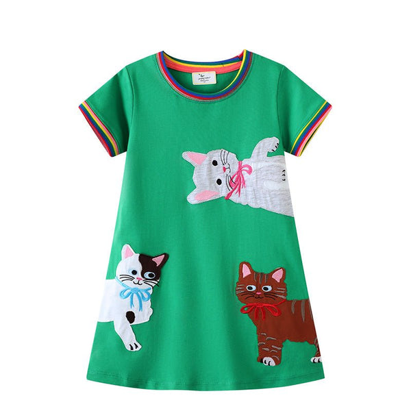 Toddler/Kid Girl's Cats Print Design Green Short Sleeve Dress