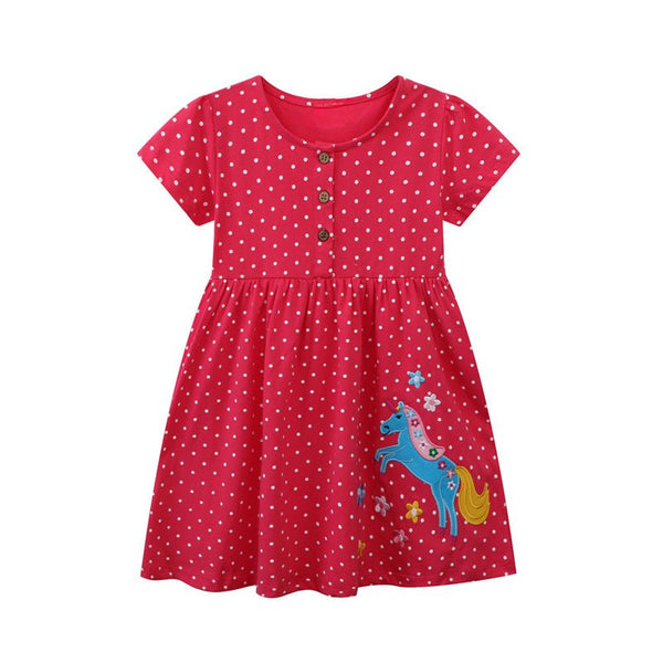 Toddler/Kid Girl's Short Sleeve Unicorn and Flowers Design Red Dress