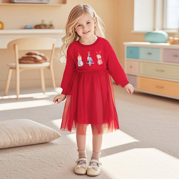 Toddler/Kid Girl Long Sleeve Snowman and Christmas Tree Embroidery Design Dress