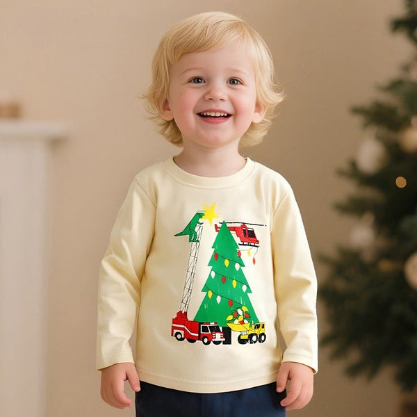 Toddler/Kid Boy Long Sleeve Dinosaur and Christmas Tree Print Design T-shirt
