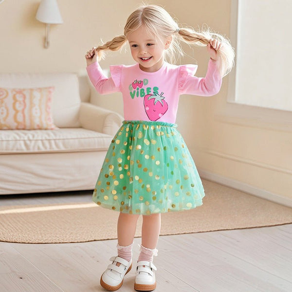 Toddler/Kid Girl Long Sleeve Pink Strawberry Print Design Dress