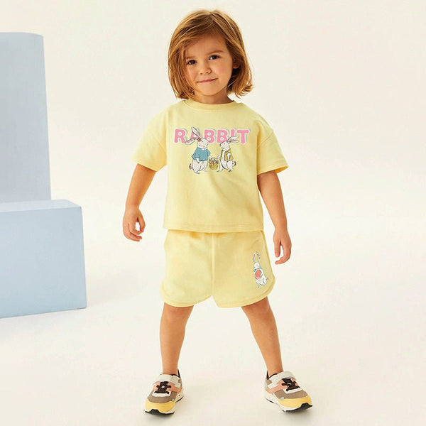 Toddler/Kid Girl's Short Sleeve Rabbits Print Design Yellow Tee with Shorts Set