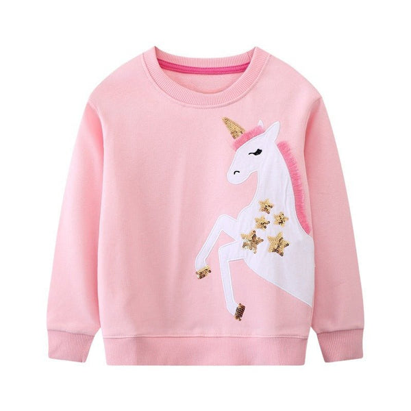 Toddler/Kid Girl Stars and Unicorn Embroidery Design Pink Cotton Sweatshirt