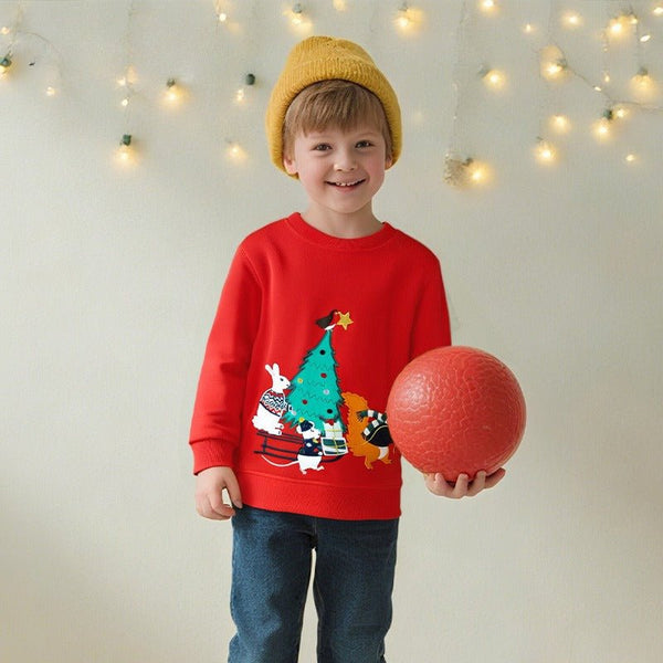 Toddler/Kid's Christmas Tree and Bunny Embroidery Red Sweatshirt