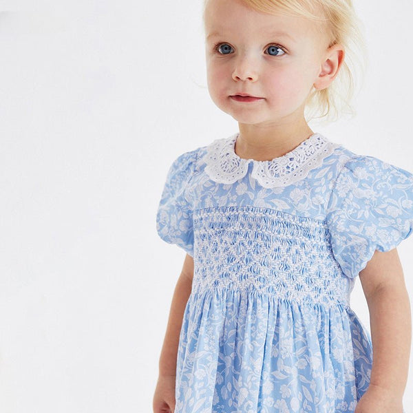 Toddler/Kid Girl's Short Sleeve White Floral Print Design Blue Dress