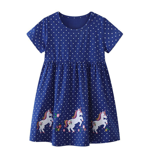 Toddler/Kid Girl's Unicorn Embroidery Design Blue Dress