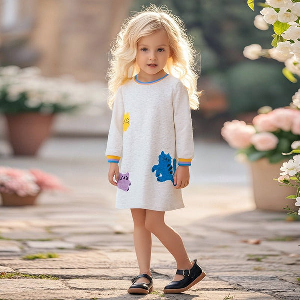 Toddler/Kid Girl Long Sleeve Three Cute Cats Embroidery Design Dress