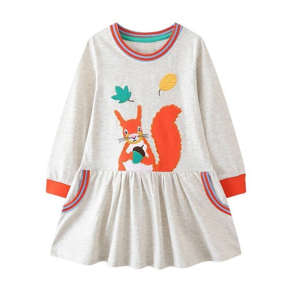 Toddler/Kid Girl Long Sleeve Cartoon Squirrel Embroidery Design Dress