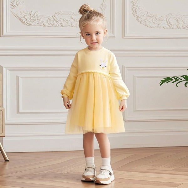 Toddler/Kid Girl Long Sleeve Princess Bunny Embroidery Yellow Dress
