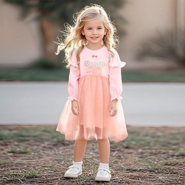 Toddler/Kid Girl Long Sleeve Cute Butterfly Design Pink Dress