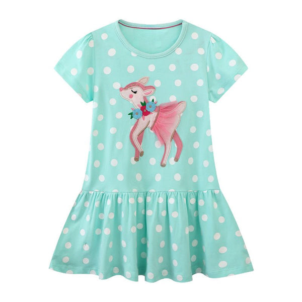Toddler/Kid Girl's Short Sleeve Beautiful Deer Design Blue Dress