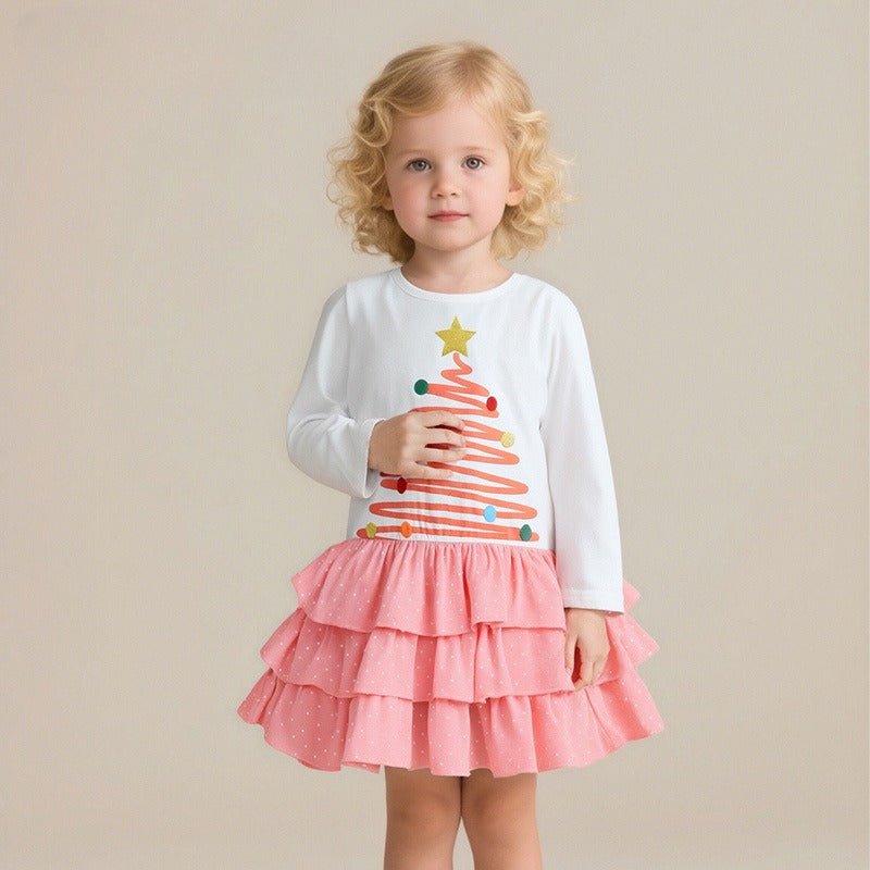 Toddler/Kid Girl Long Sleeve Pink Christmas Tree Design Dress