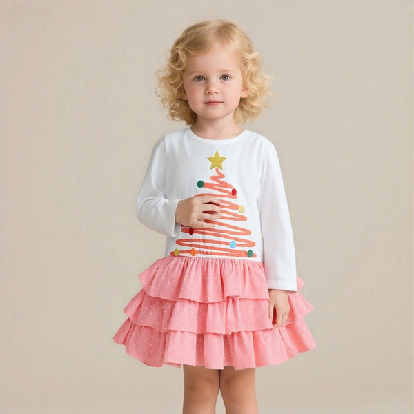 Toddler/Kid Girl Long Sleeve Pink Christmas Tree Design Dress