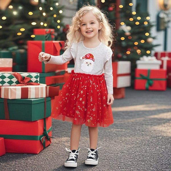 Toddler/Kid Girl Long Sleeve Santa Embroidery Design Dress