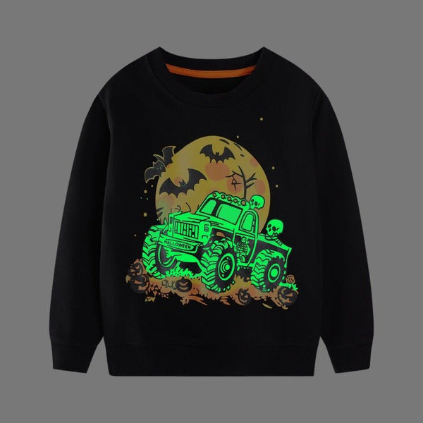 Toddler/Kid's Glow-in-the-dark Halloween Style Cartoon Bat with Vehicle Print Design Sweatshirt