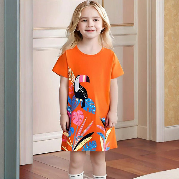 Toddler/Kid Girl's Toucan Print Design Orange Color Dress
