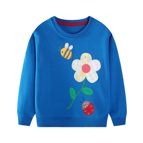Toddler/Kid's Flower and Bee Embroidery Design Blue Sweatshirt