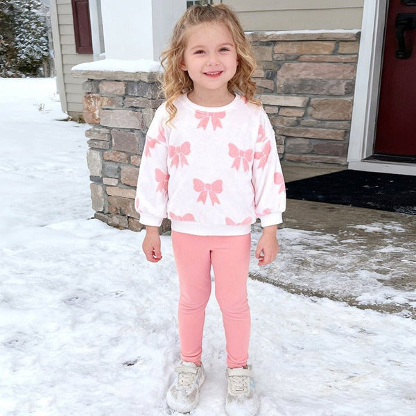 Toddler/Kid Girl Pink Bow Tie Print Design Sweatshirt and Leggings Set