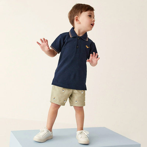 Toddler/Kid Boy's Cartoon Little Dino Print Polo Shirt with Khaki Shorts Set