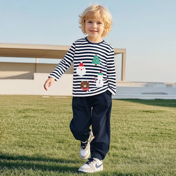 Toddler/Kid Boy Snowman and Santa Embroidery Design Long Sleeve T-Shirt and Pants Set