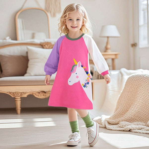 Toddler/Kid Girl Long Sleeve Cartoon Unicorn Embroidery Design Pink Dress
