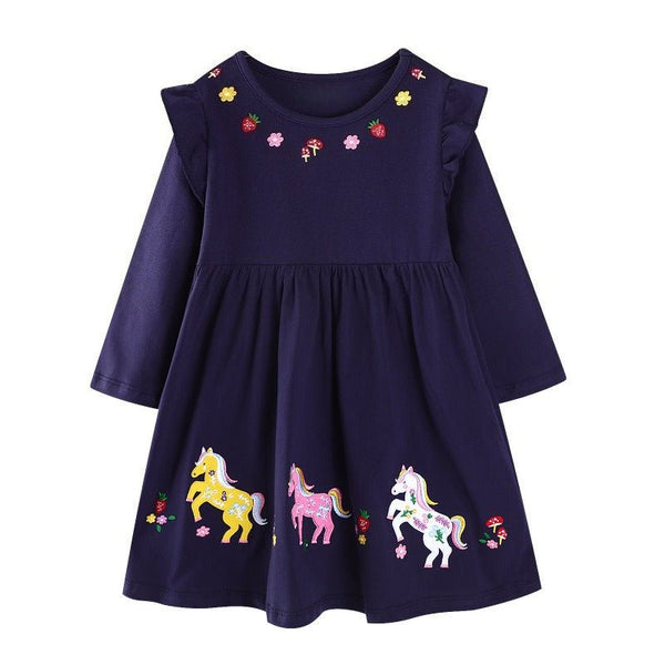 Toddler/Kid Girl Long Sleeve Horses and Flowers Embroidery Design Dress