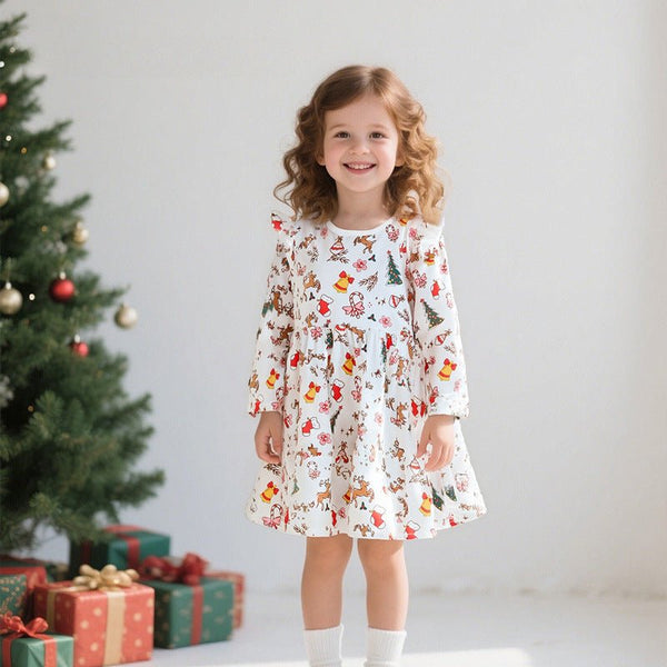 Toddler/Kid Girl Long Sleeve Allover Christmas Tree and Bells Print Design Dress