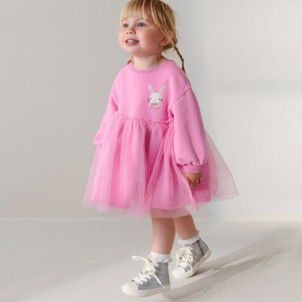 Toddler/Kid Girl Long Sleeve Bunny Embroidery Design Pink Princess Dress