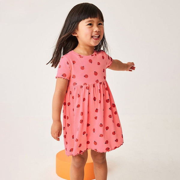 Toddler/Kid Girl's Short Sleeve Ladybugs Print Design Red  Dress