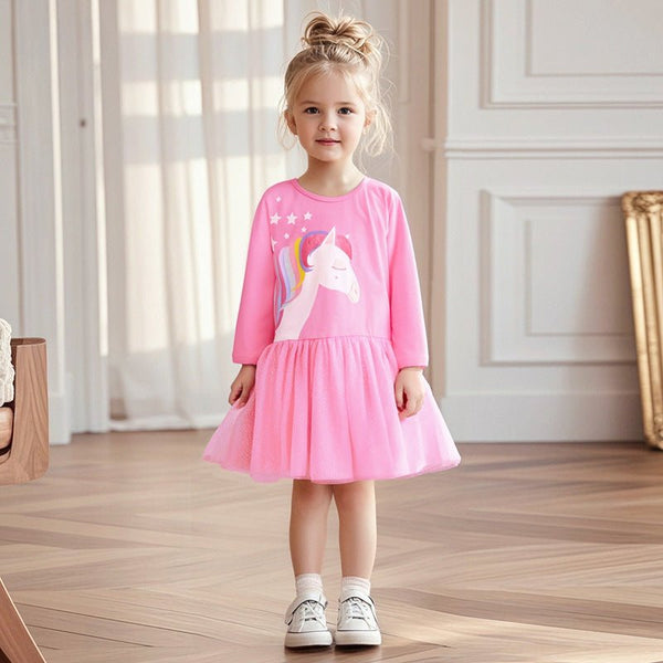 Toddler/Kid Girl Long Sleeve Pink Unicorn Print Dress
