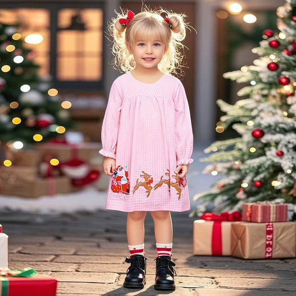 Toddler/Kid Girl Long Sleeve Santa Christmas Design Pink Dress