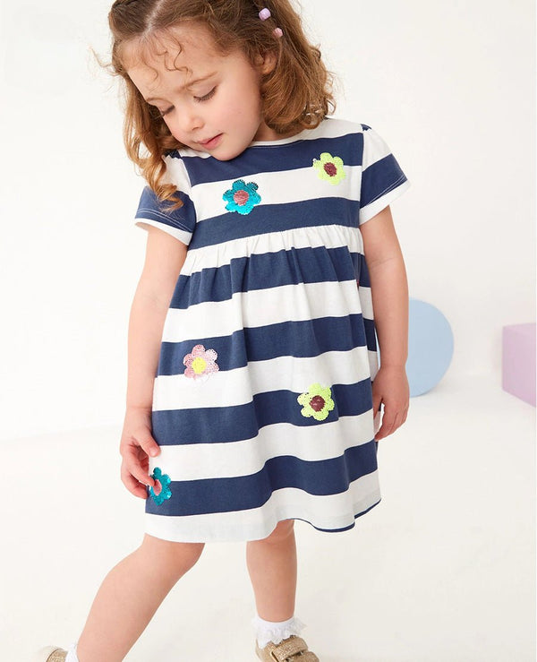 Toddler/Kid Girls Blue and White Striped Floral Print Design Dress