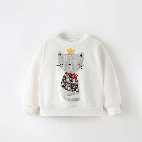 Toddler/Kid Girl Cartoon Cat Embroidery Design White Sweatshirt