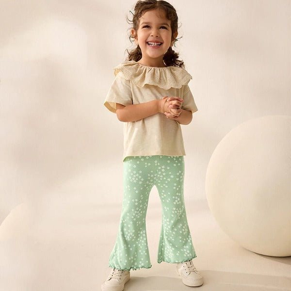 Toddler/Kid Girl White Flowers Print Design Light Green Leggings