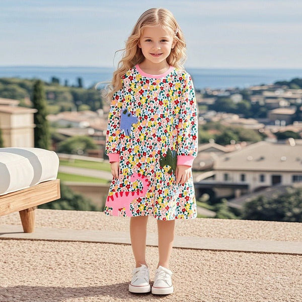 Toddler/Kid Girl's Long Sleeve Three Dinosaur Design Floral Dress