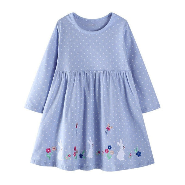 Toddler/Kid Girl Long Sleeve Rabbit Embroidery Design Light Blue Dress