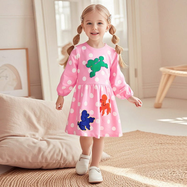 Toddler/Kid Girl Long Sleeve Three Dogs Party Embroidery Design Dress