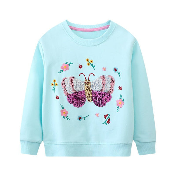 Toddler/Kid Girl's Long Sleeve Shimmering Butterfly Design Blue Sweatshirt