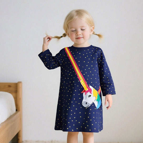 Toddler/Kid Girl's Long Sleeve Unicorn Design Dark Blue Dress