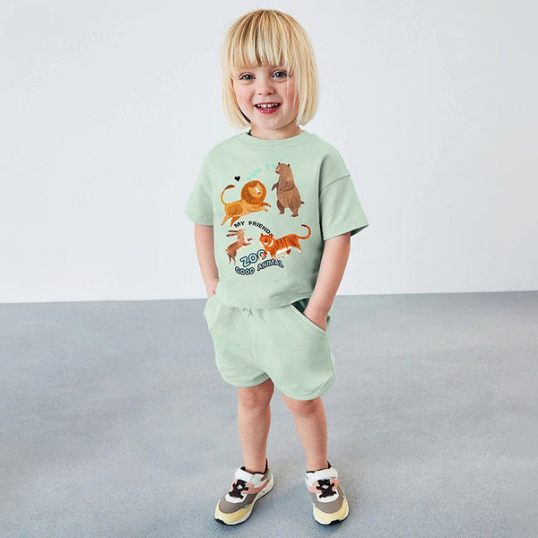 Toddler/Kid Girl's Short Sleeve Cartoon Animals Print Design Tee with Shorts Set