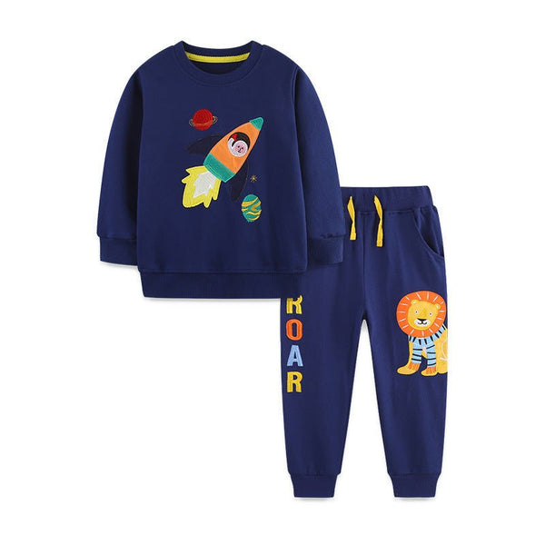 Toddler/Kid Lion and Rocket Embroidery Design Sweatshirt and Pants Set