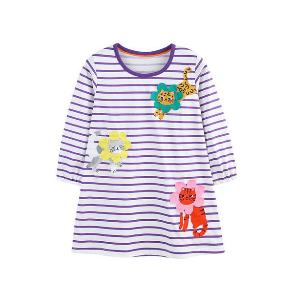 Toddler/Kid Girl Long Sleeve Three Cats Embroidery Design Purple Dress