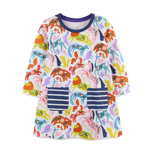 Toddler/Kid Girl Long Sleeve Cartoon Animal and Floral Print Design Dress