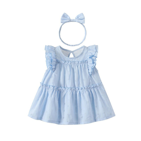 Toddler/Kid Girl's Blue Cotton Dress with Hairband Set