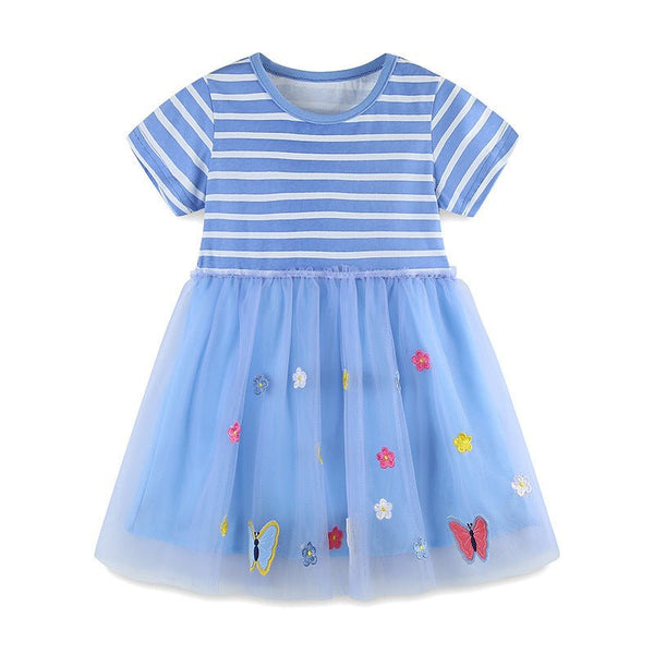 Toddler/Kid Girl's Stripe Butterfly and Flowers Design Embroidered Dress